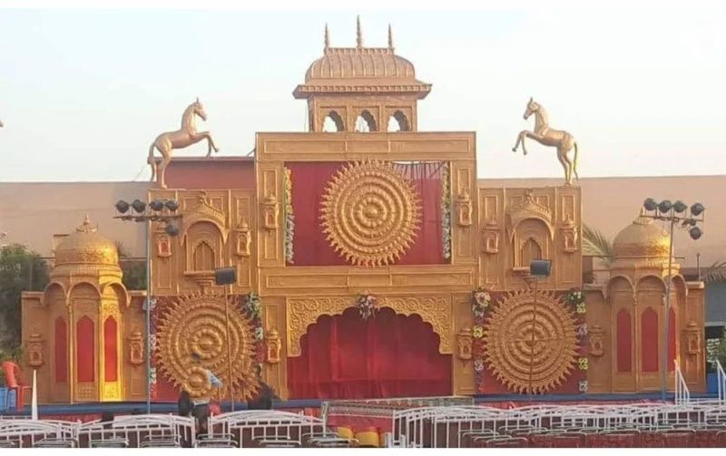 40x22 Feet Embossed Golden Wedding Fiber Stage