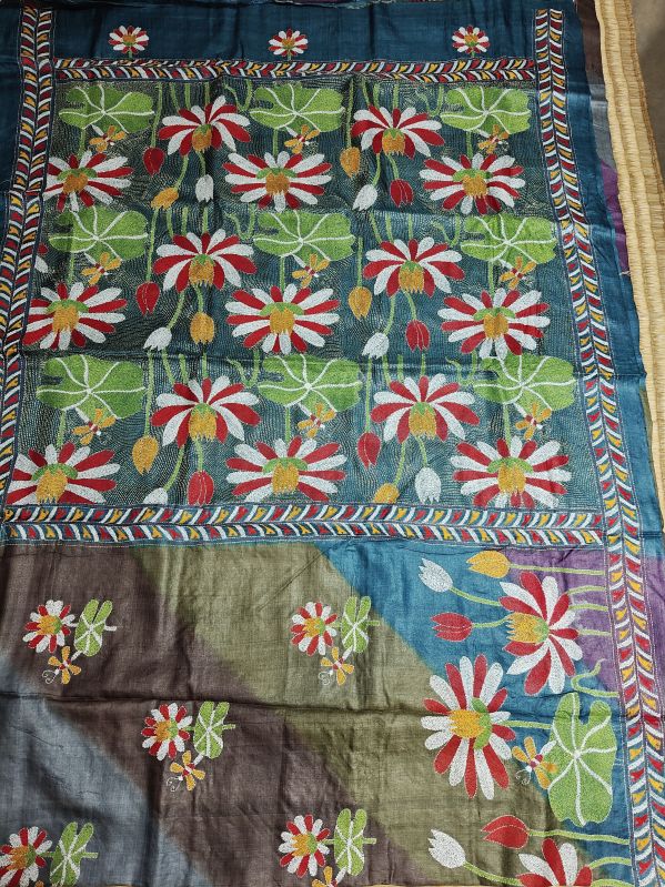 Ladies Kantha Work Pure Tussar Silk Saree