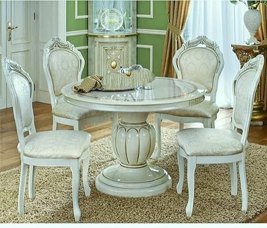 4 Seater White Solid Teak Wooden Carving Dining Table Set