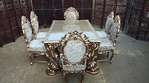 6 Seater Golden Solid Wooden Dining Table Set