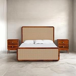 Solid Wooden Rattan Queen Size Bed