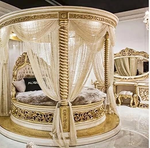 Teak Wooden Round King Size Royal Carving Bed