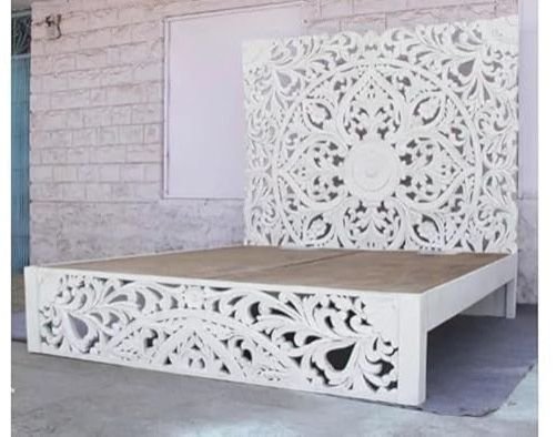 White Solid Wooden Handcarved King Size Bed