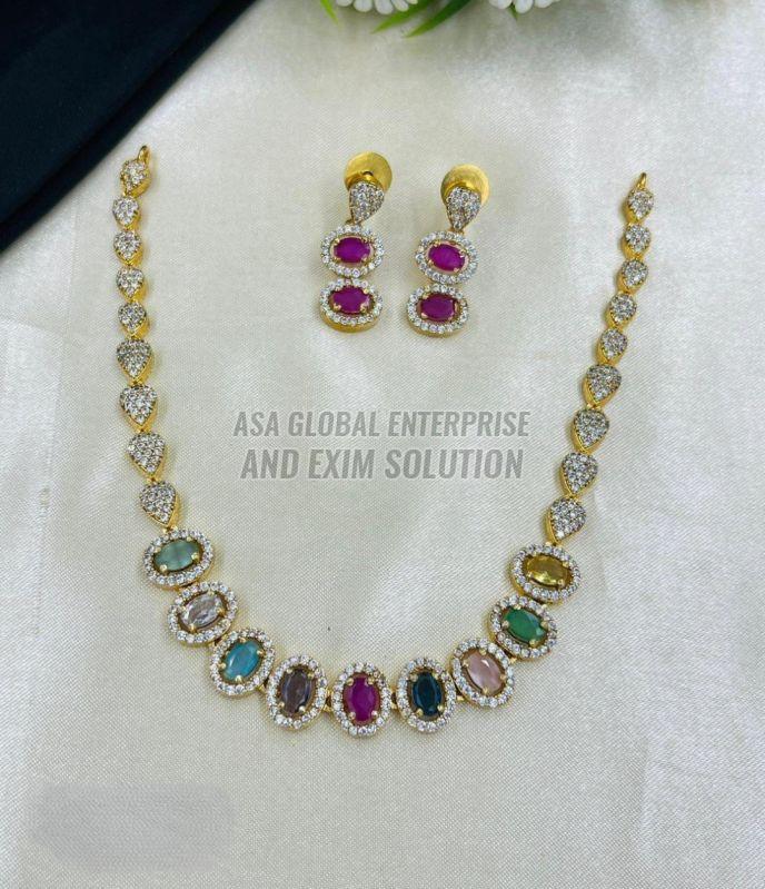 Ladies Multicolor Stone Work Brass Artificial Necklace Set