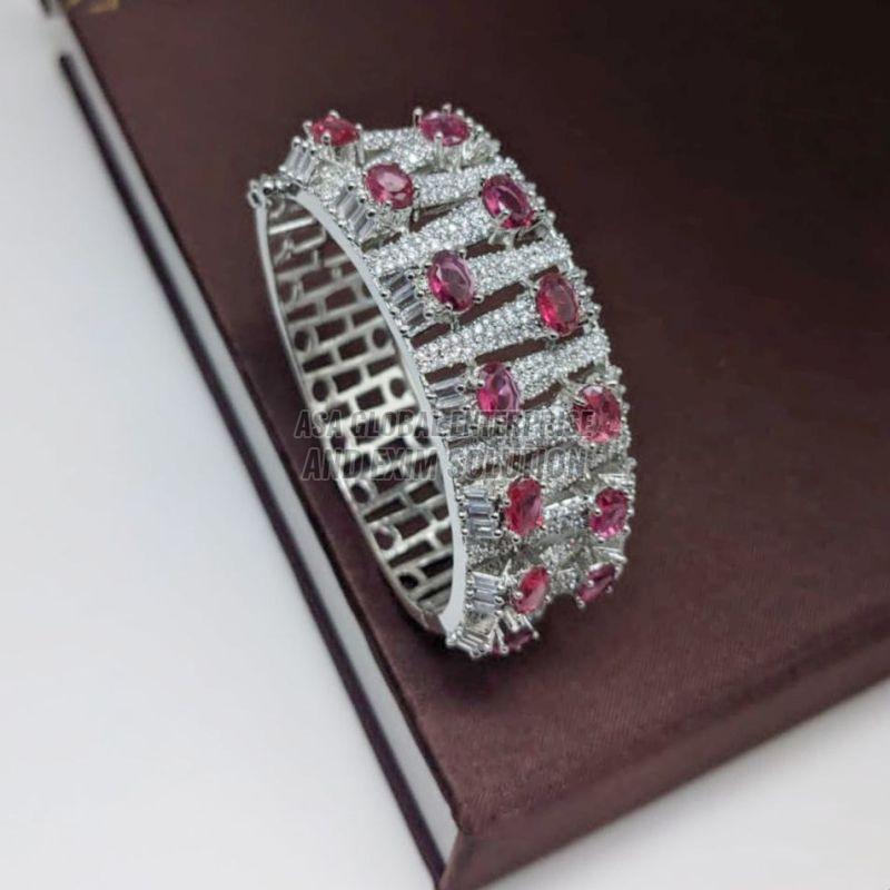 Ladies Round Pink Stone Brass Bracelet