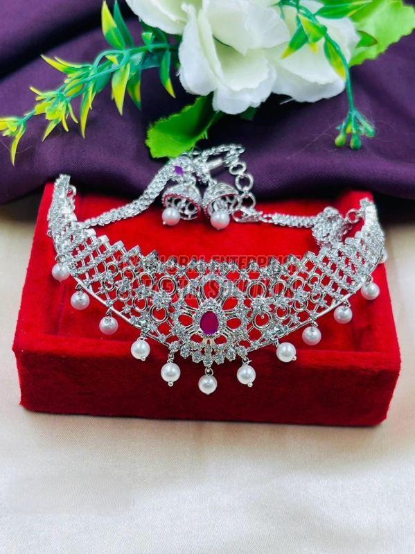 Ladies Silver Brass Fancy Pink Stone Necklace Set