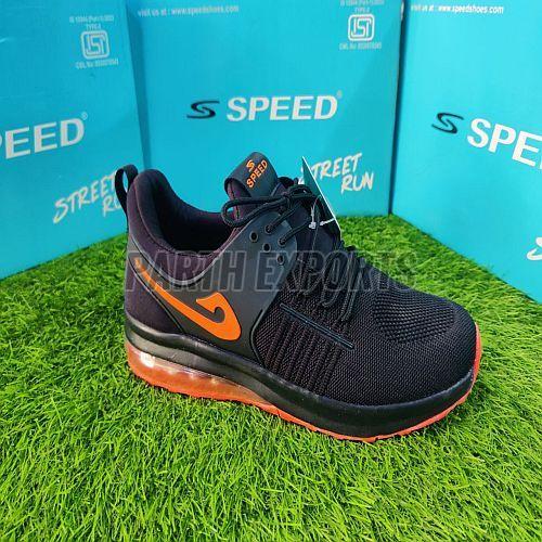 Speed Mens Black and Orange Leather Running Sports Shoes