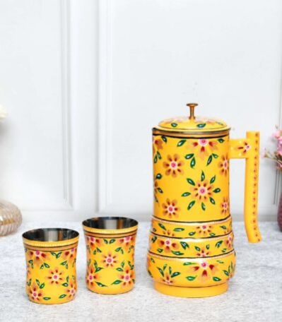 21cm Hand Painted Aluminium Jug Set with 2 Glasses