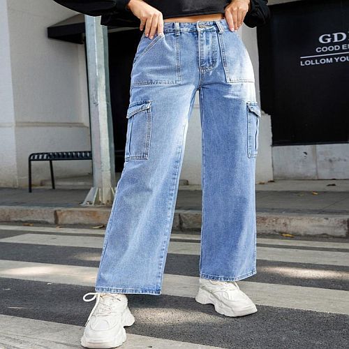 Casual Wear Ladies Sky Blue Denim Cargo Jeans