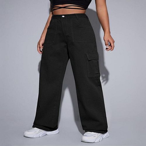 Ladies Black Straight Fit Cargo Jeans