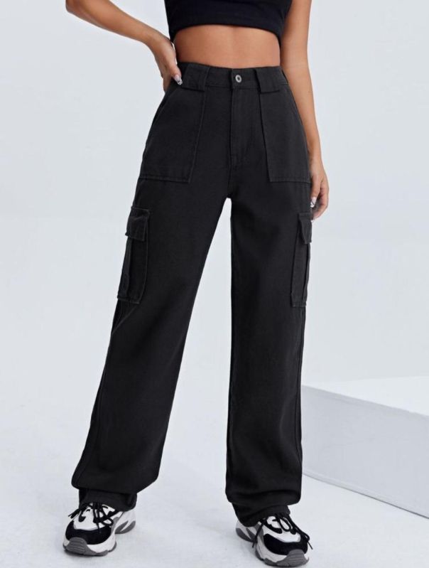 Ladies Plain Black Cargo Jeans