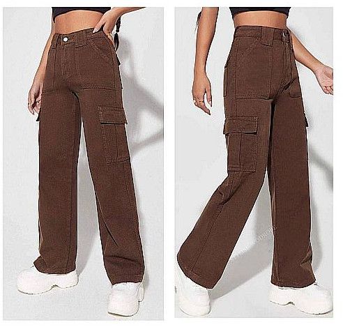 Ladies Plain Brown Denim Cargo Jeans