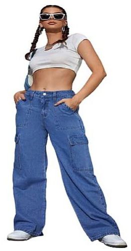 Ladies Plain High Rise Sky Blue Cargo Jeans
