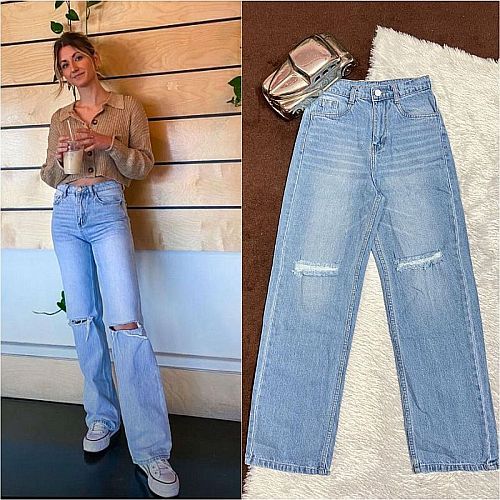 Ladies Regular Fit Sky Blue Rugged Denim Jeans