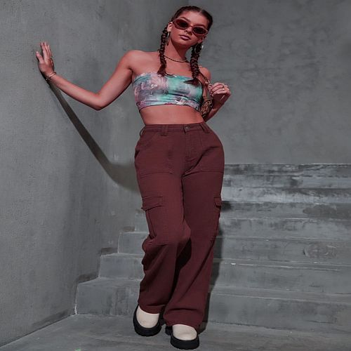 Ladies Straight Fit Brown Cargo Jeans