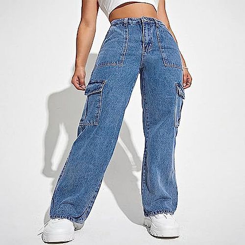 Ladies Straight Sky Blue Denim Cargo Jeans