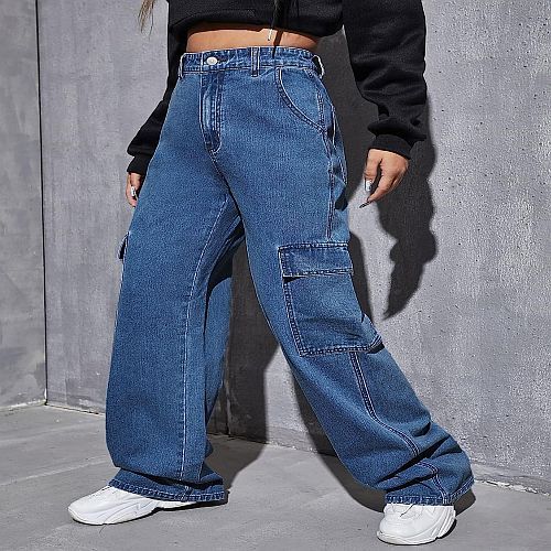 Regular Fit Ladies Blue Cargo Jeans