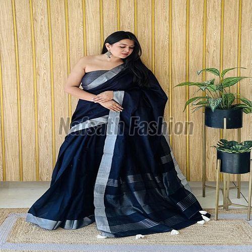 Multicolor Plain Linen Cotton Saree