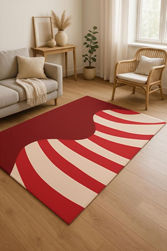 Modern Red Wave Abstract Striped Design Hand Tufted Carpet