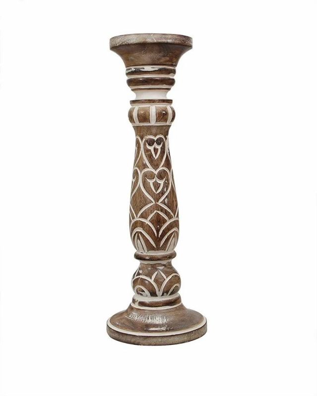 Antique Brown Cerving Wood Candle Holder