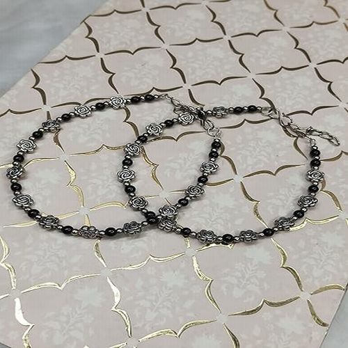 NIPSTec Set of 2 German Silver Rose Beaded Anklets with Black Pearls