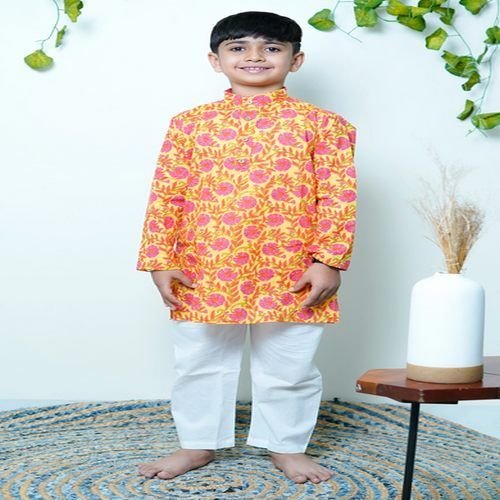 Boys Yellow Printed Kurta Pajama