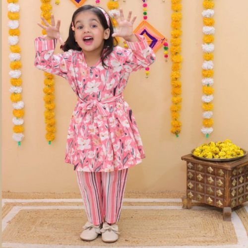 Girls Pink Printed Co Ord Set