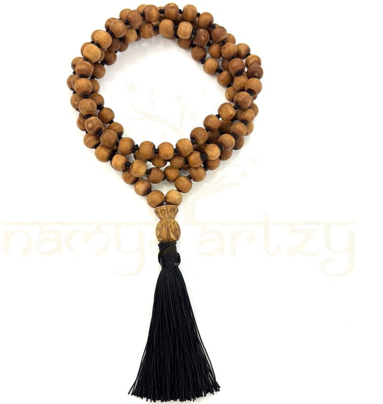 Hand-Knotted, Natural 108 Light Brown 8mm Tulsi Wood Hand-Carved Smooth Beads Japa Mala/necklace