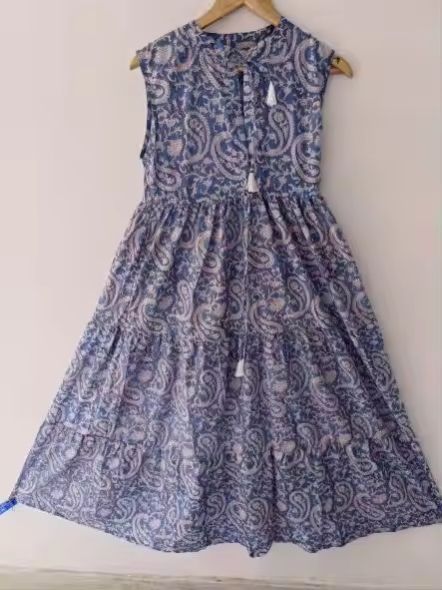 Women Block Floral Printed Long Sleeve V-Neck Cotton Dress