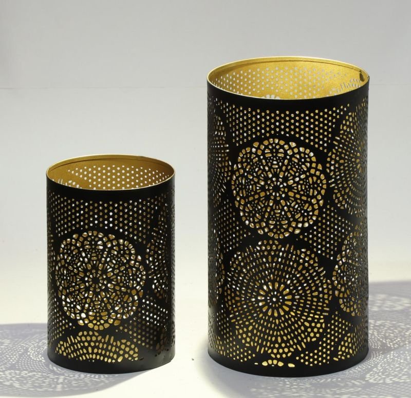 Modern Black &AMP; Gold Patterned Candle Holder Set
