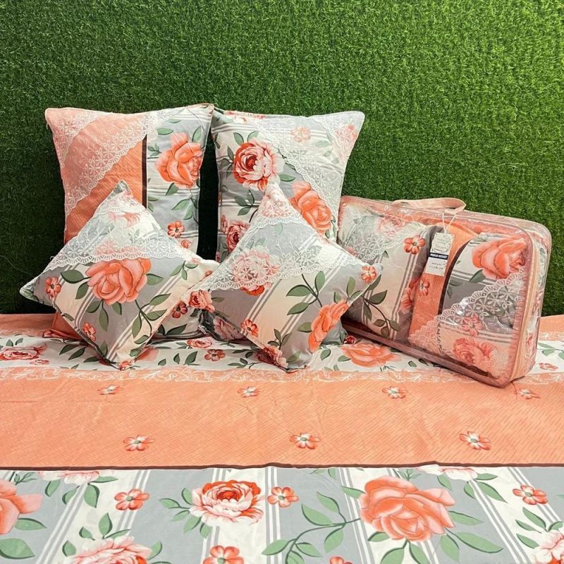 5 Pcs Floral Printed Lace Quilted Bedding Set