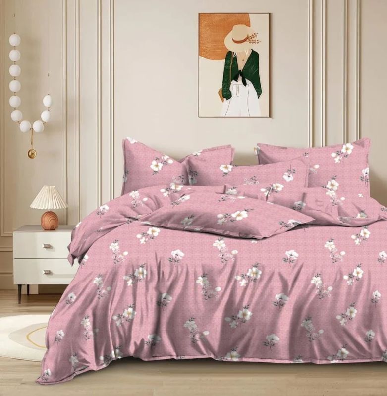 5 Pcs Pink Glace Cotton Printed Bed Sheet Set
