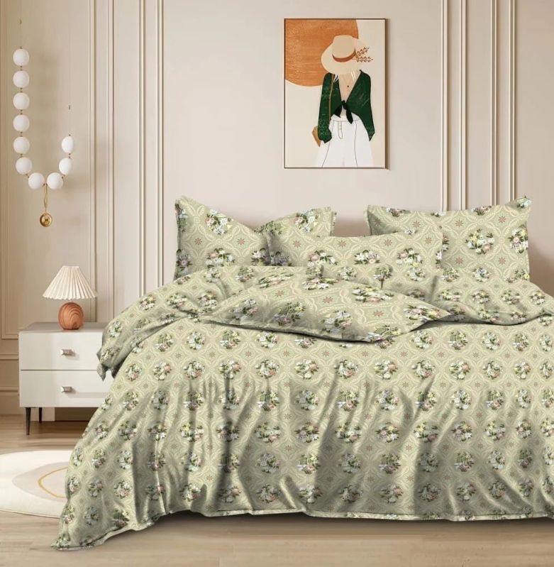 5 Pcs Pista Green Glace Cotton Printed Bed Sheet Set