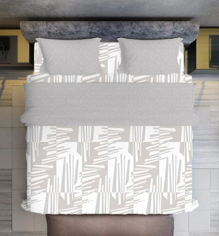Grey White Polycotton Printed Bed Sheet Set with Pillow Covers