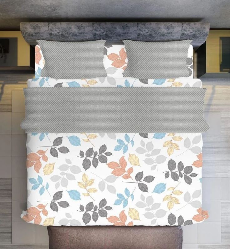 Off White Polycotton Double Size Printed Bed Sheet Set with Pillow Covers