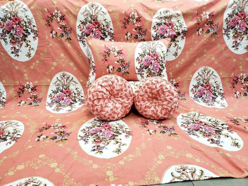 Peach Floral Printed Poly Cotton Round Cushion Bed Sheet Set