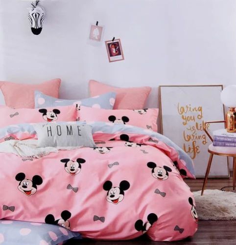 Pink Mickey Mouse Printed Glace Cotton Kids Bed Sheet