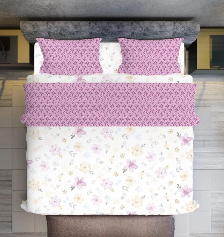 White Pink Polycotton Printed Bed Sheet Set with Pillow Covers