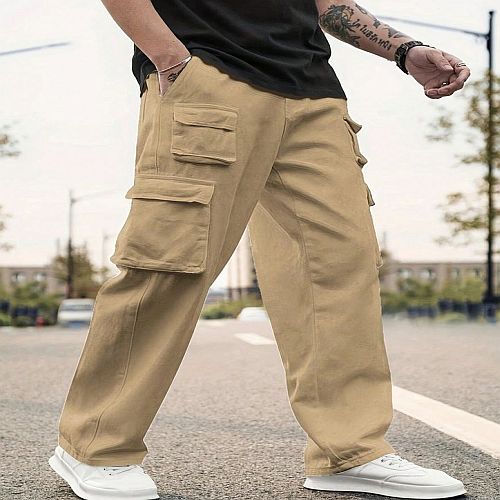 Mens Beige Plain Cotton Cargo Pant