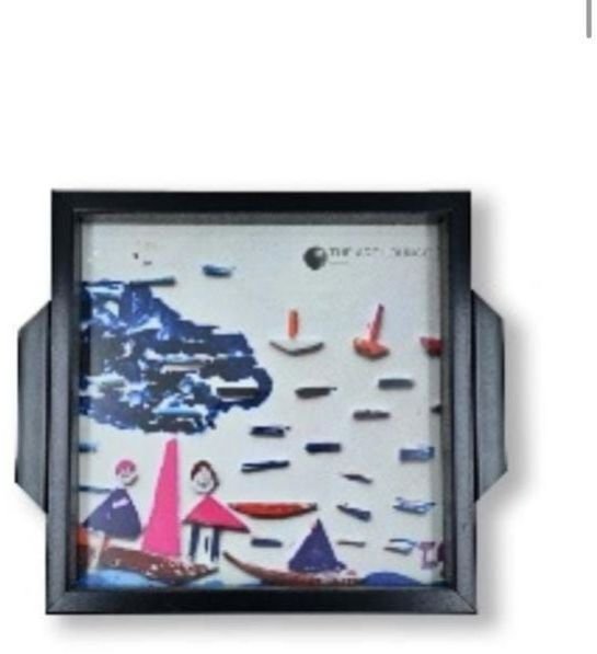 Dark Wood Square Decorative Tray with Abstract Seascape Figures Print & Glass Cover