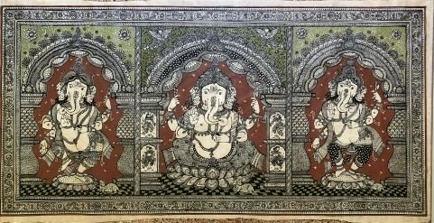 Triple Ganesha Traditional Indian Folk Art Painting