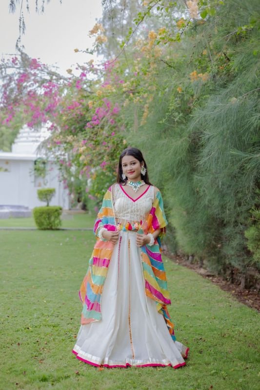 Women's Elegant White Lehenga Choli Set with Multicolor Bandhani Dupatta