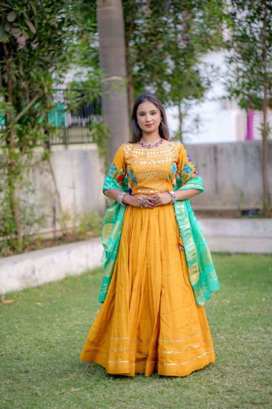 Women\'s Traditional Mustard Yellow Ghagra Choli with Embroidered Blouse