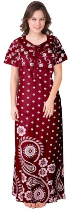 Maroon Pure Cotton Printed Nighty