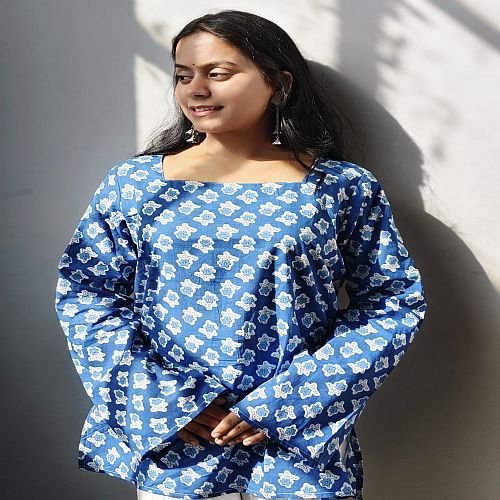 Blue Cotton Printed Short Kurti