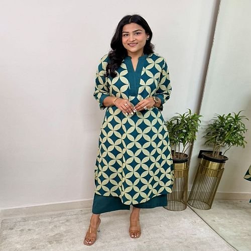 Ladies Green Fancy Printed Rayon Palazzo Suit