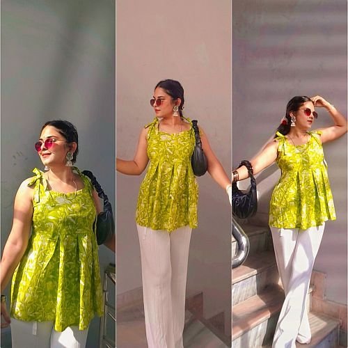 Ladies Green Sleeveless Cotton Printed Short Kurti