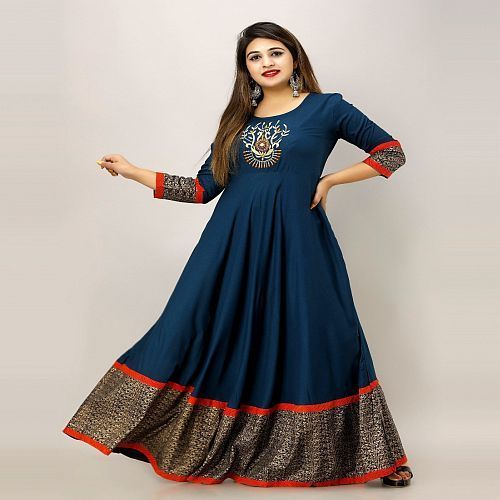 Ladies Navy Blue Rayon Anarkali Long Kurti