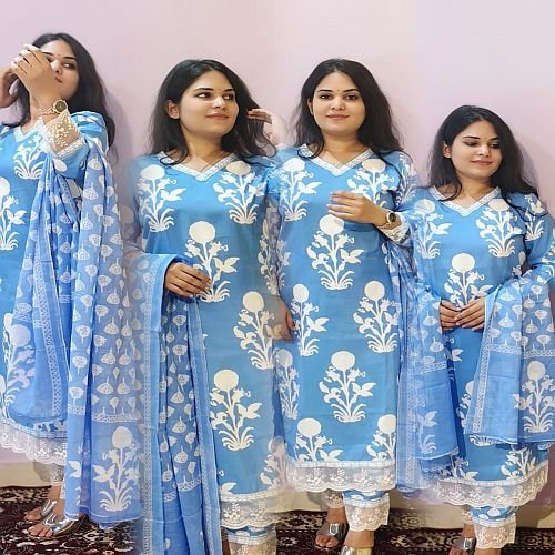 Ladies Printed Sky Blue Rayon Kurti Pant Set with Net Border