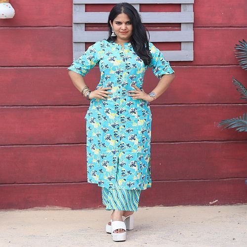 Ladies Printed Sky Blue Rayon Palazzo Suit